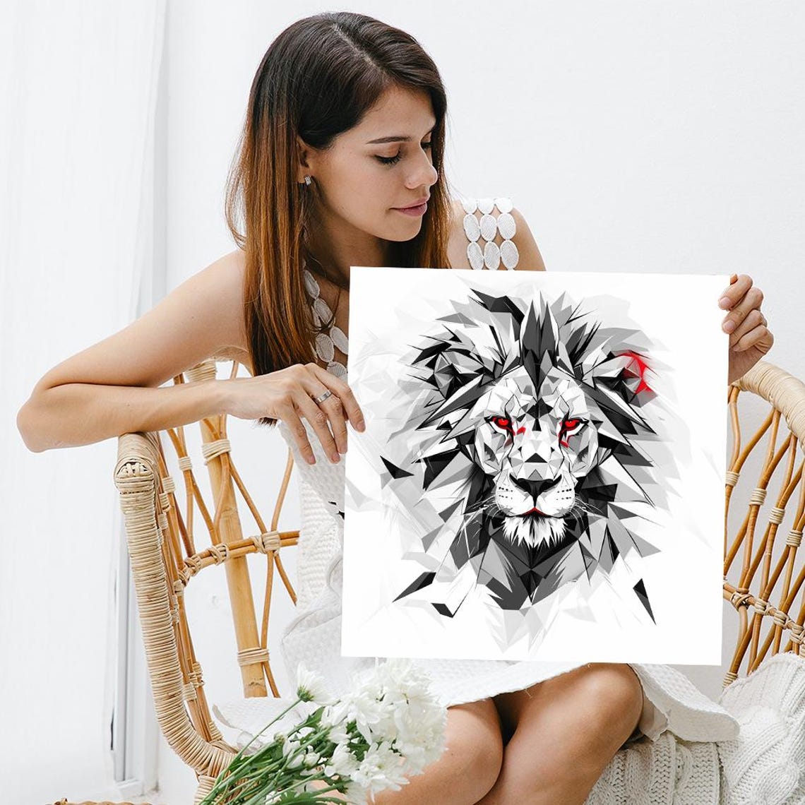 Geometric Lion Red Eyes Abstract Black White Modern Animal Art Poster - Image 3