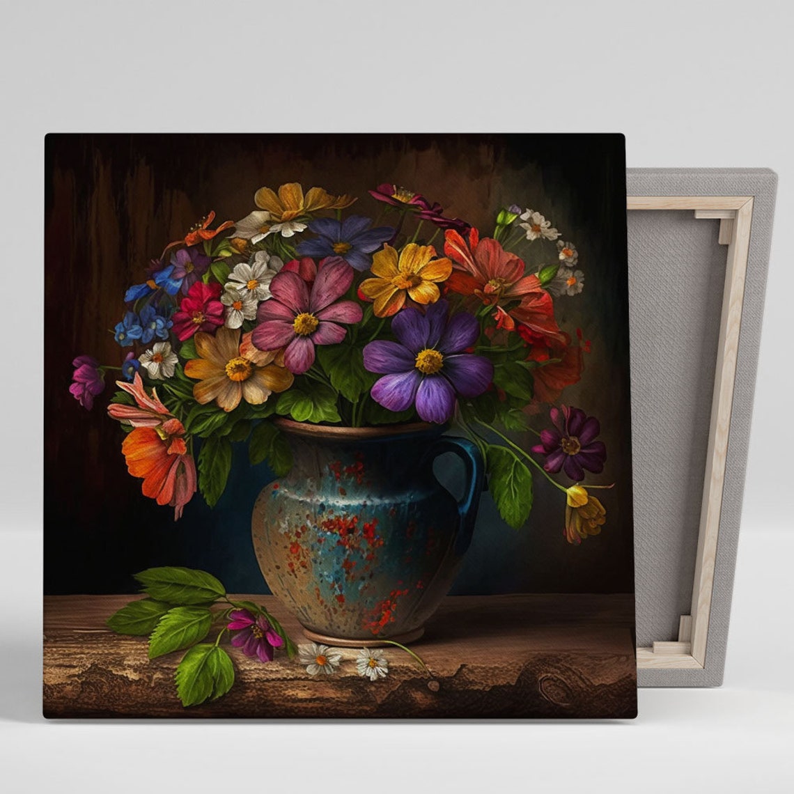 Vibrant Mixed Flower Bouquet In Blue Pitcher Classic Still Life Poster