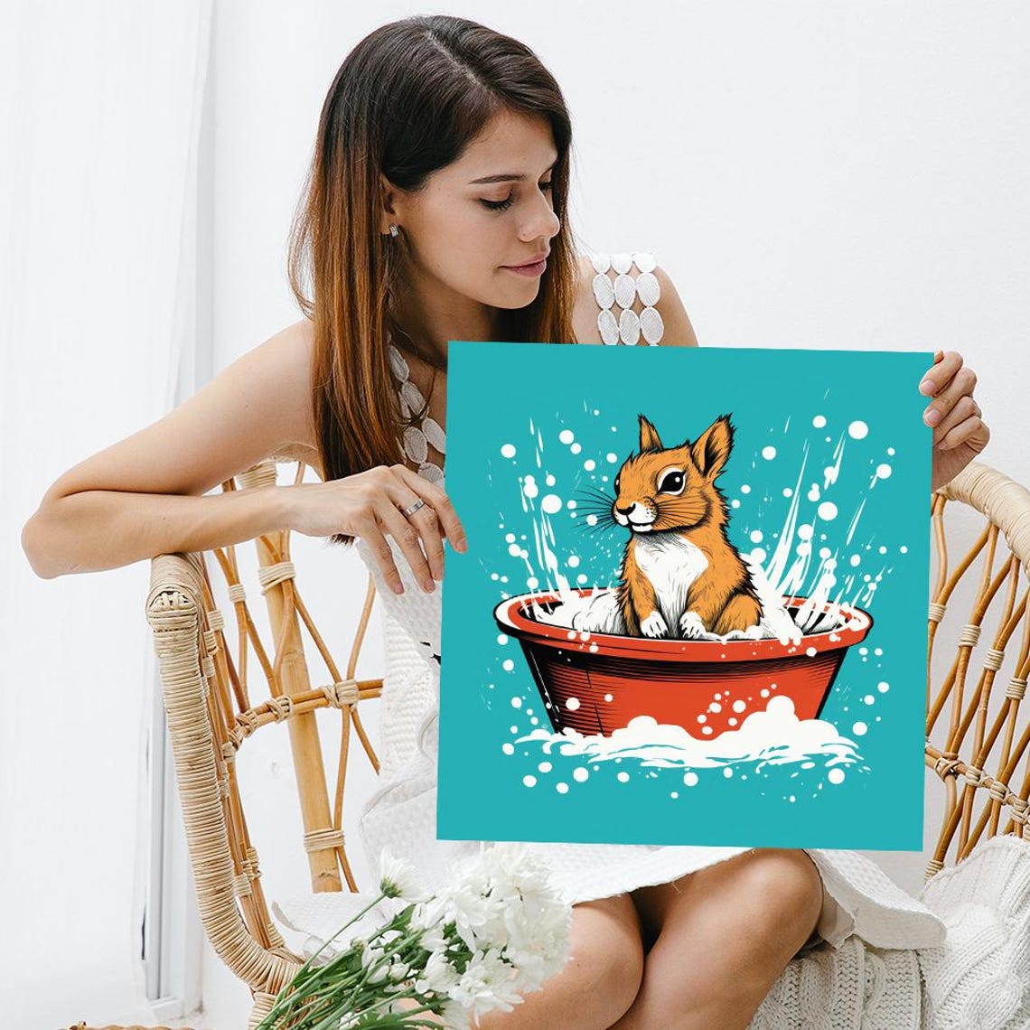Squirrel Splashing In Red Bathtub Fun Cartoon Bath Time Art Poster - Image 3