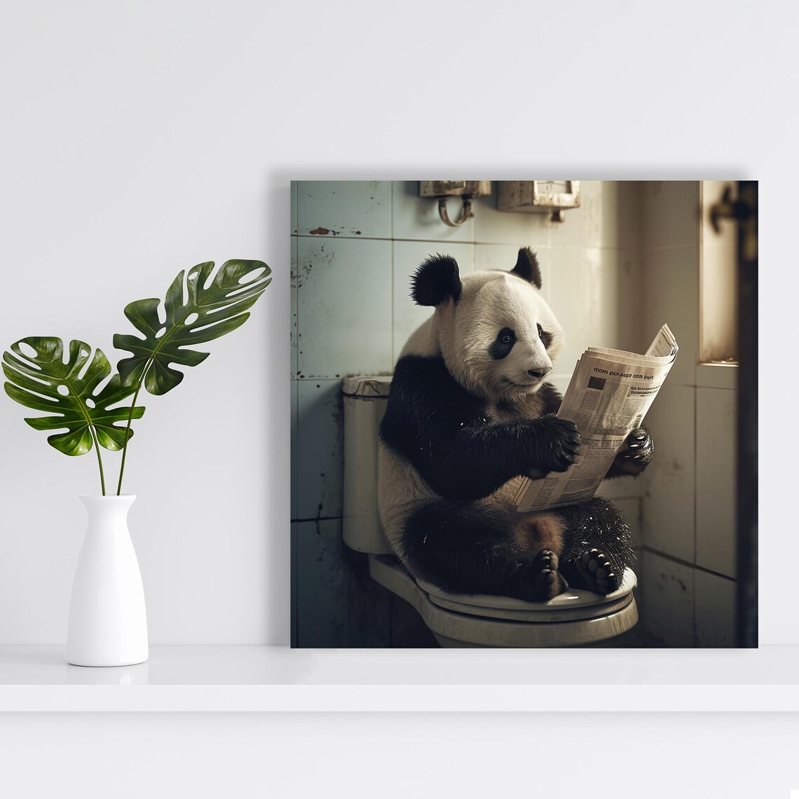 Panda Reading Newspaper On Toilet Funny Sepia Bathroom Humor Wall Poster - Image 2