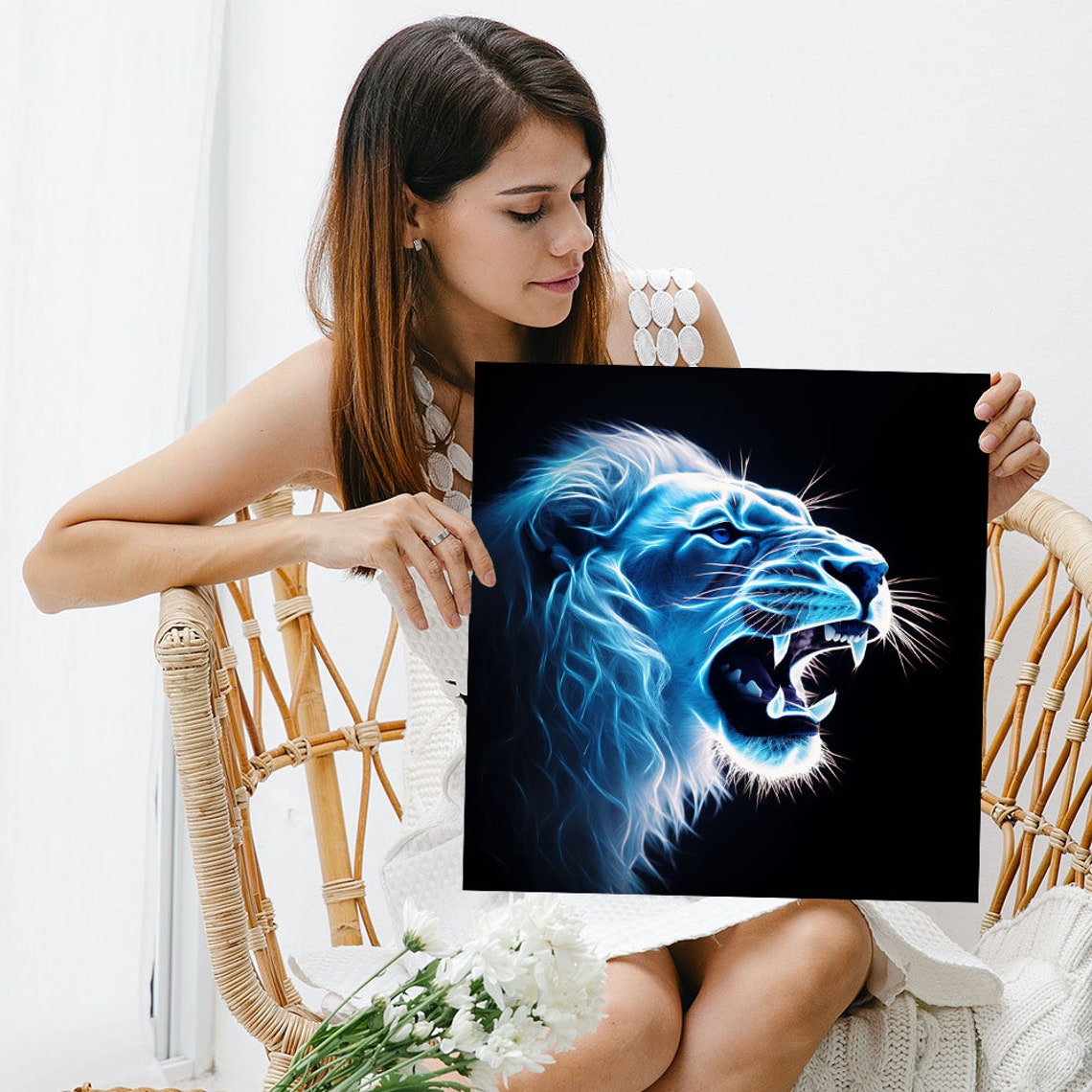 Electric Blue Neon Roaring Lion Profile Black Background Wall Poster - Image 3