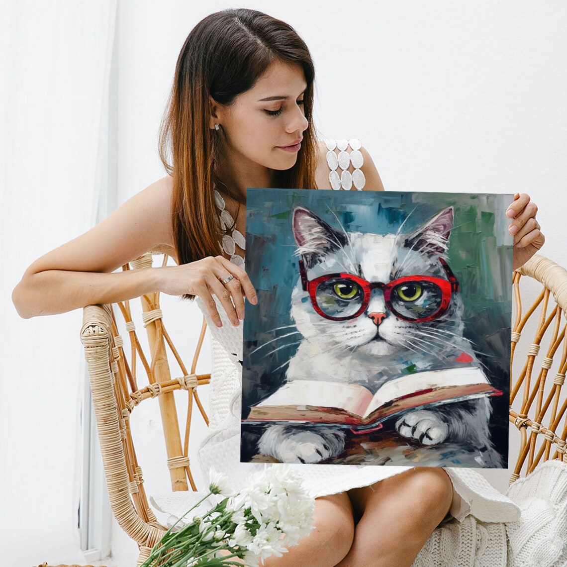 Cat With Red Glasses Reading Book Funny Scholar Cat Portrait Wall Poster - Image 5