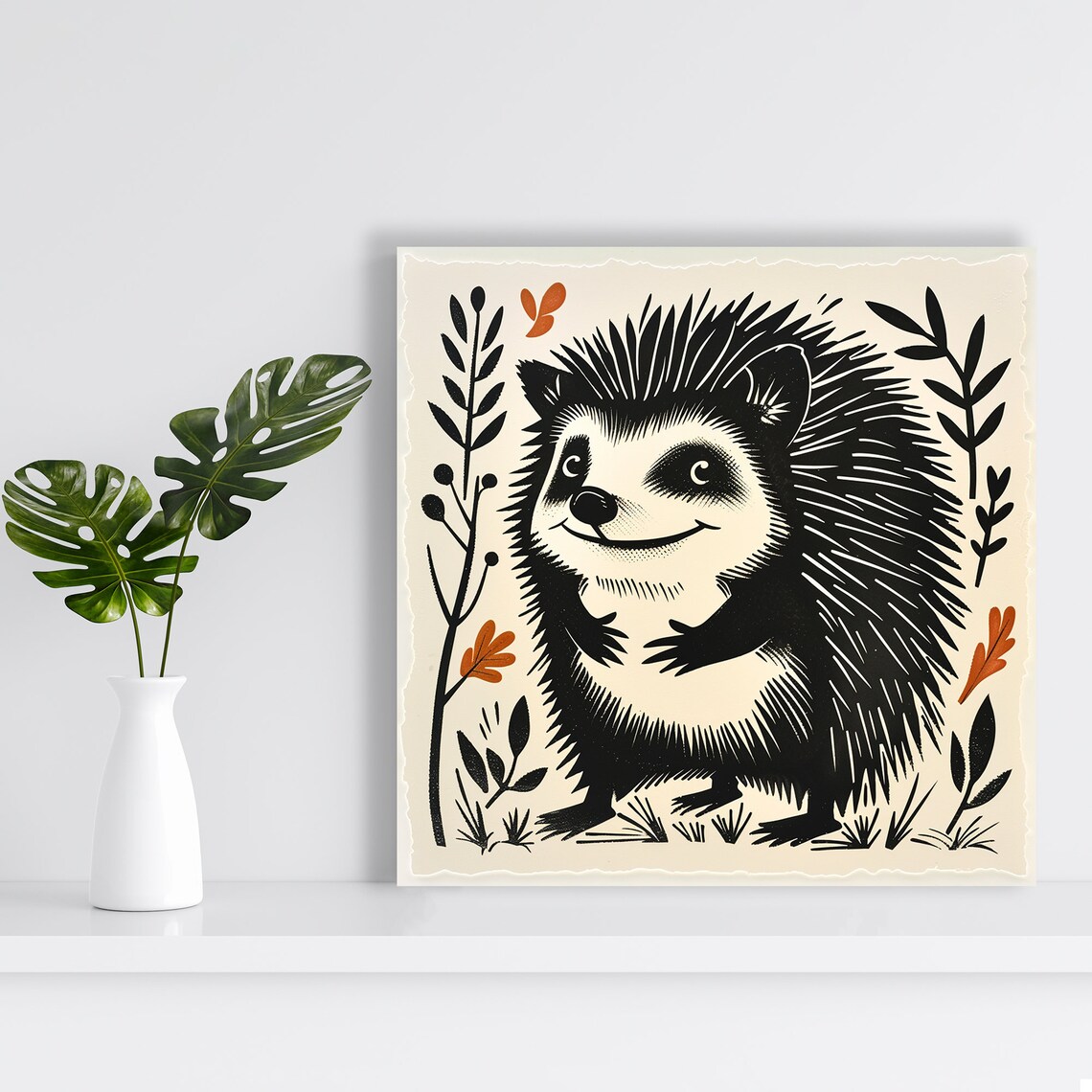 Smiling Hedgehog Linocut Folk Art Cute Whimsical Nursery Wall Poster - Image 2