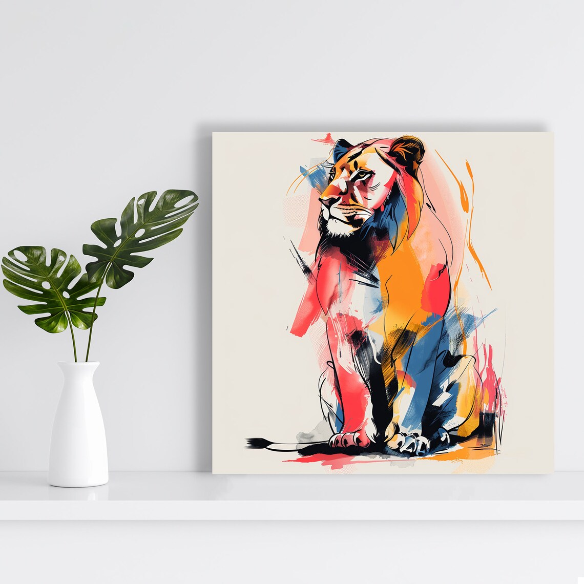 Colorful Abstract Lion Red Blue Orange Modern Wildlife Art Poster - Image 2