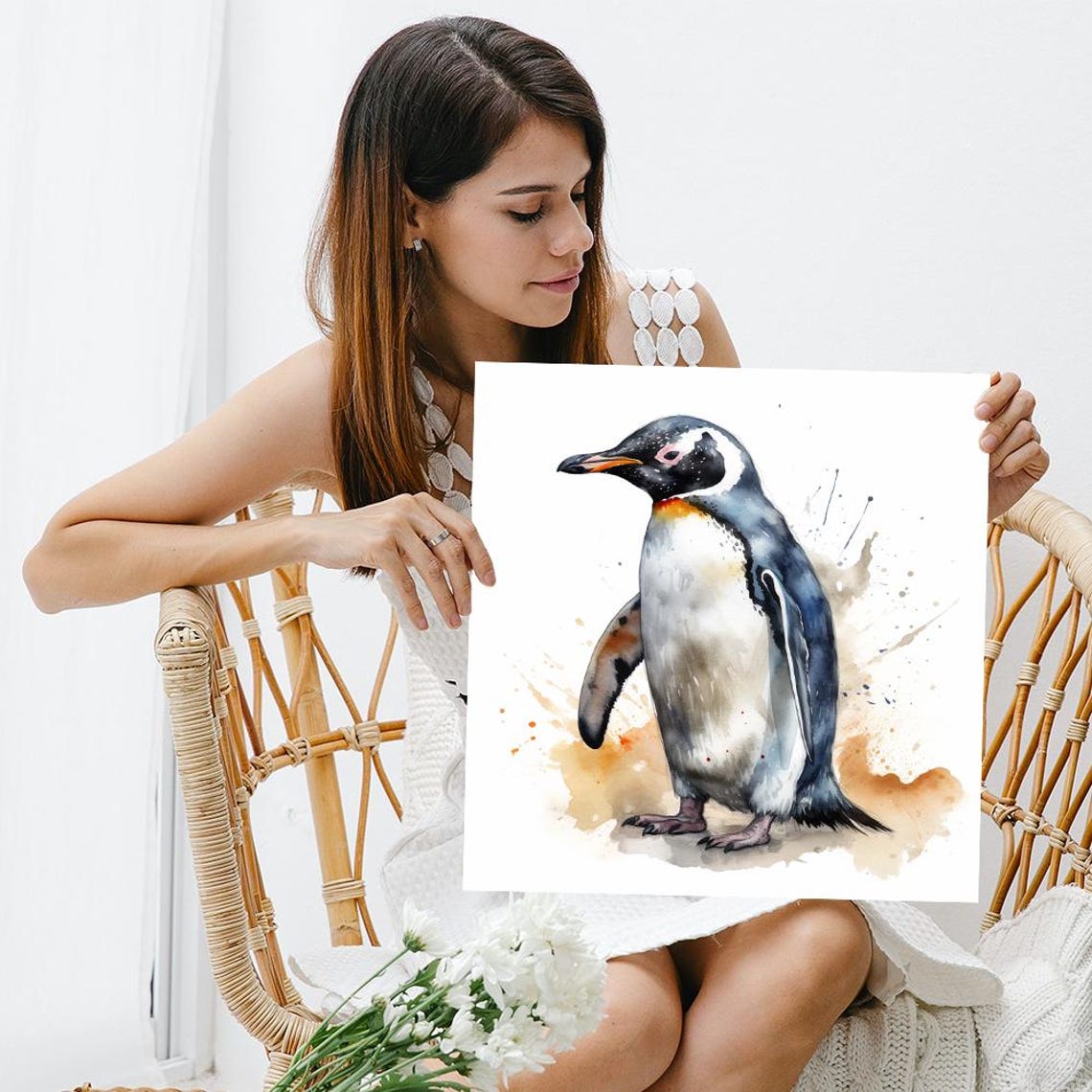 Elegant Penguin Watercolor Soft Coastal Nursery Bird Portrait Poster - Image 3