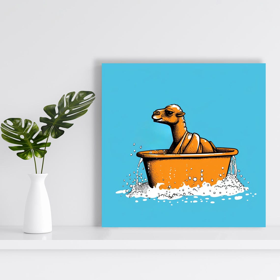 Bathing Camel Splashing in Tub Playful Orange Bathroom Animal Poster - Image 2
