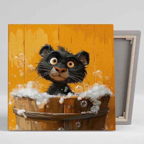 Black Kitten Bubble Bath Wooden Tub Cute Orange Nursery Poster