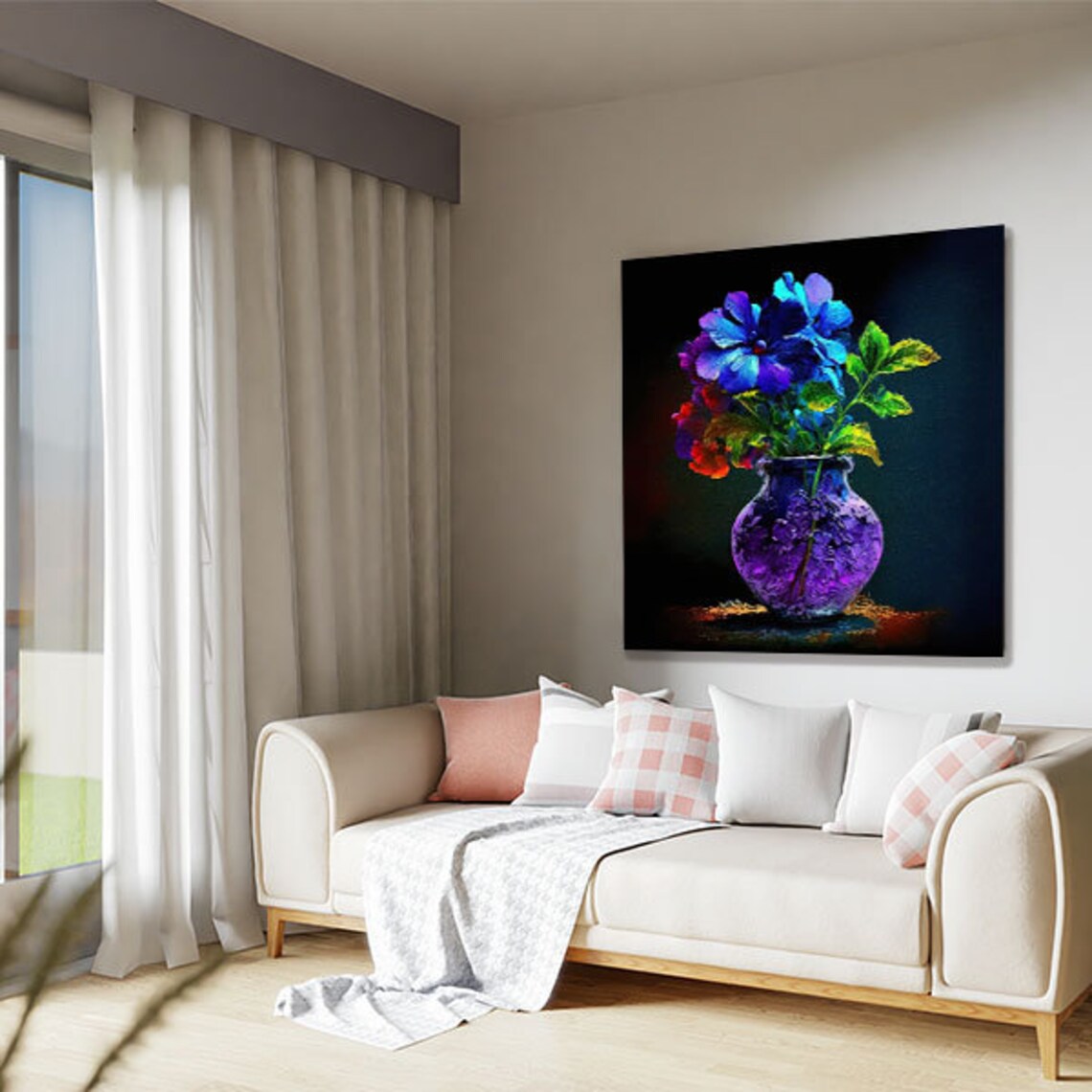 Blue Purple Flower Bouquet In Purple Vase Black Neon Glow Art Poster - Image 4