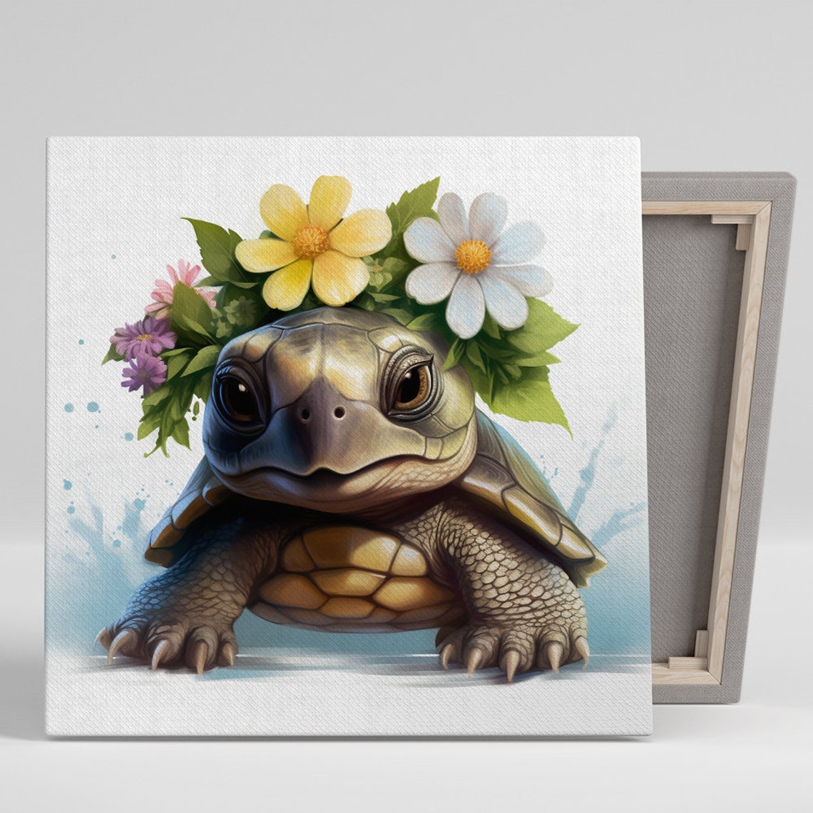 Cute Turtle Flower Crown Portrait Whimsical Nursery Watercolor Poster
