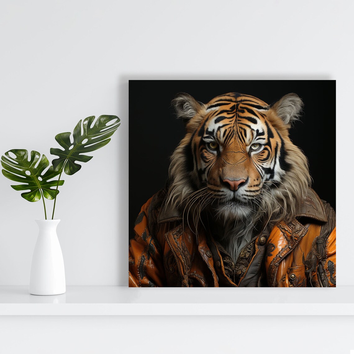 Tiger Wearing Vintage Leather Jacket Portrait Whimsical Animal Art Poster - Image 2