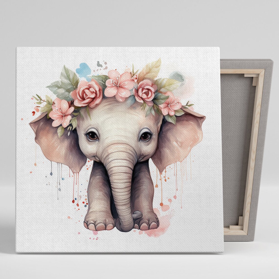 Baby Elephant Flower Crown Watercolor Soft Pink Nursery Poster