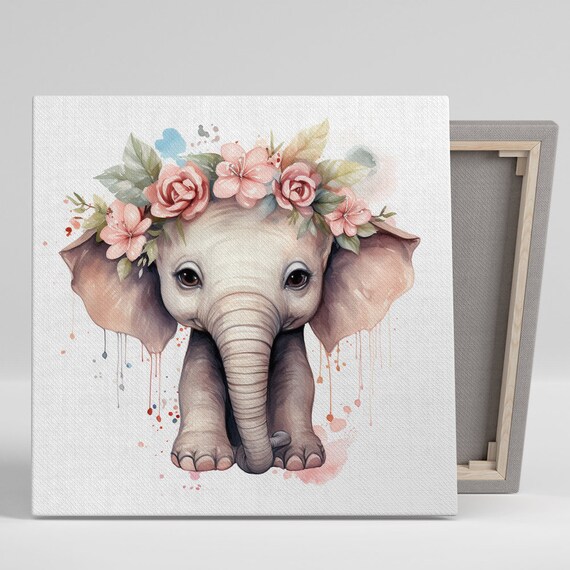 Baby Elephant Flower Crown Watercolor Soft Pink Nursery Poster