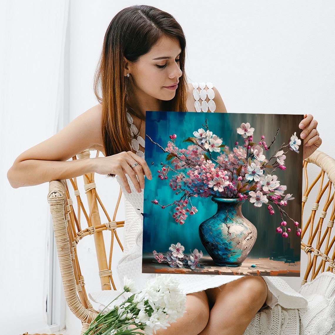 Cherry Blossom Branches In Blue Vase Pink Spring Floral Canvas Poster - Image 5