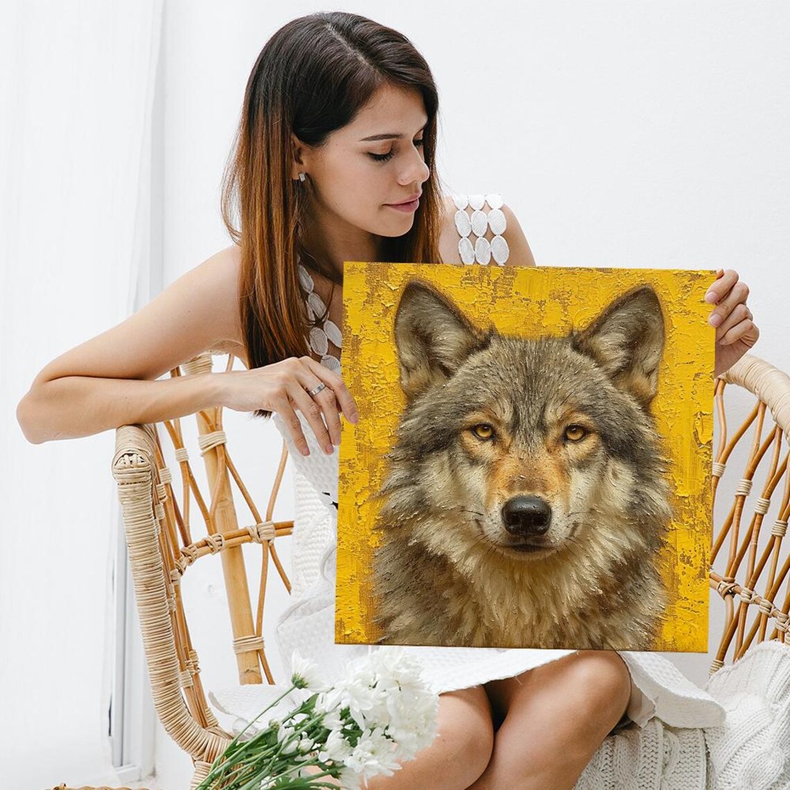 Majestic Wolf Portrait Golden Yellow Oil Painting Rustic Wildlife Poster - Image 3
