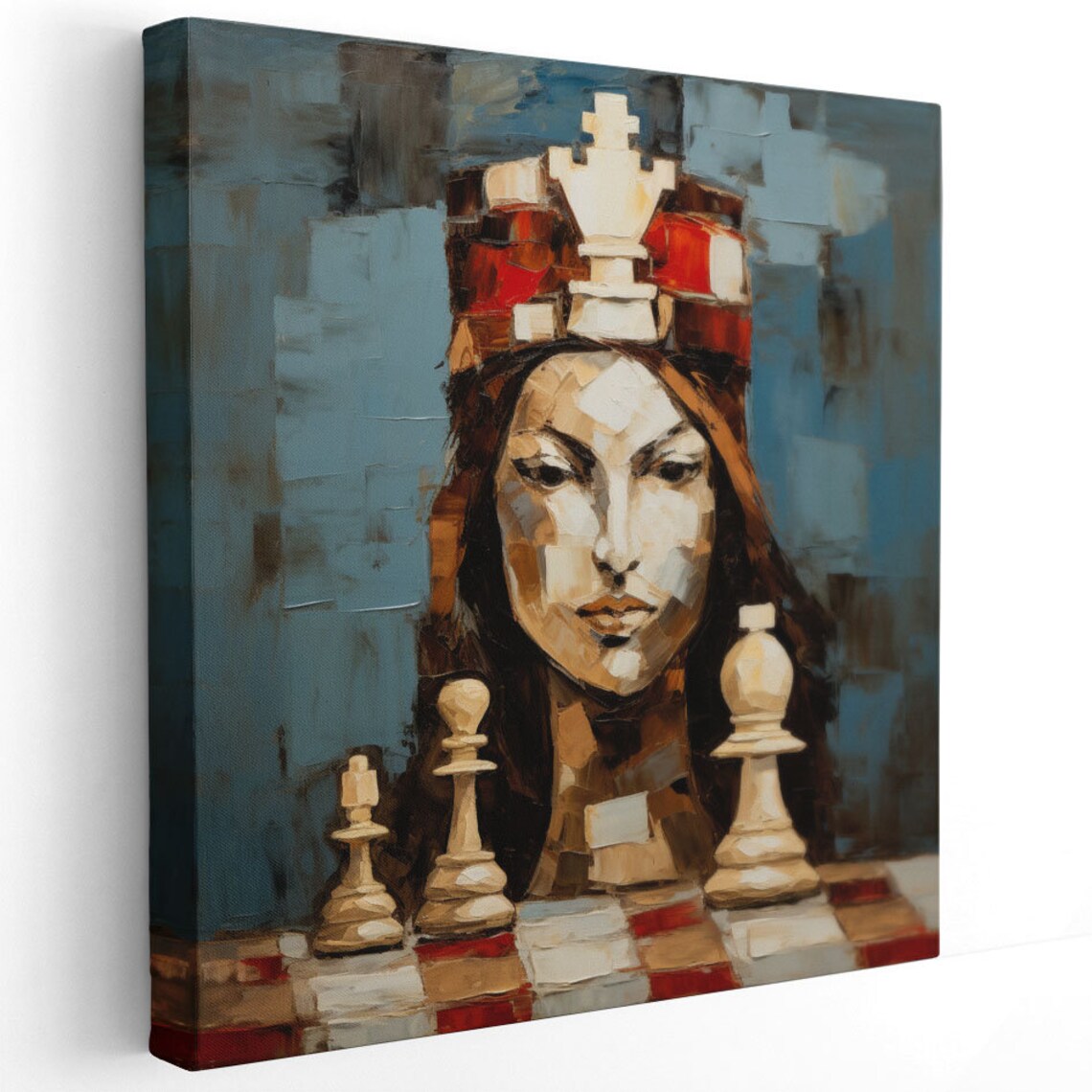 Chess Queen Woman Portrait Abstract Blue Cubist Game Art Canvas Poster - Image 2