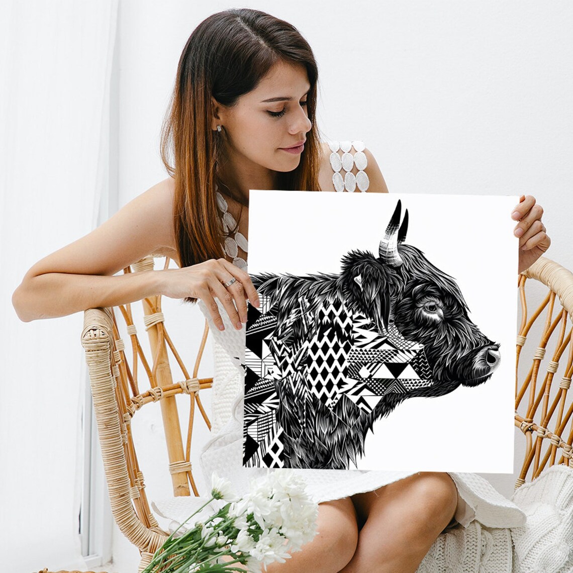 Highland Cow Geometric Profile Black White Modern Art Poster - Image 3