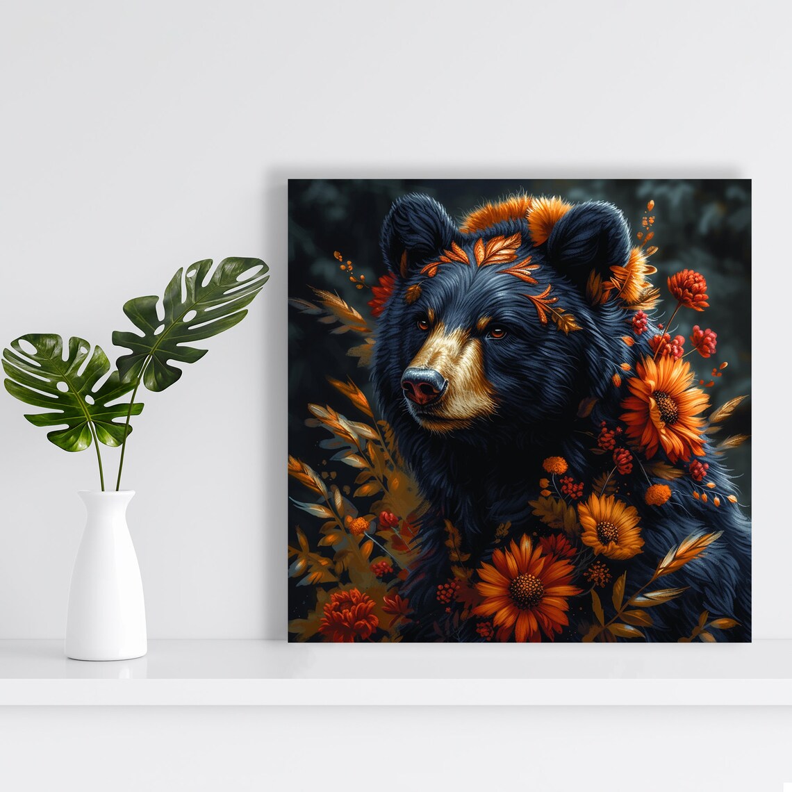 Black Bear Autumn Floral Portrait Orange Blossom Wildlife Poster - Image 2
