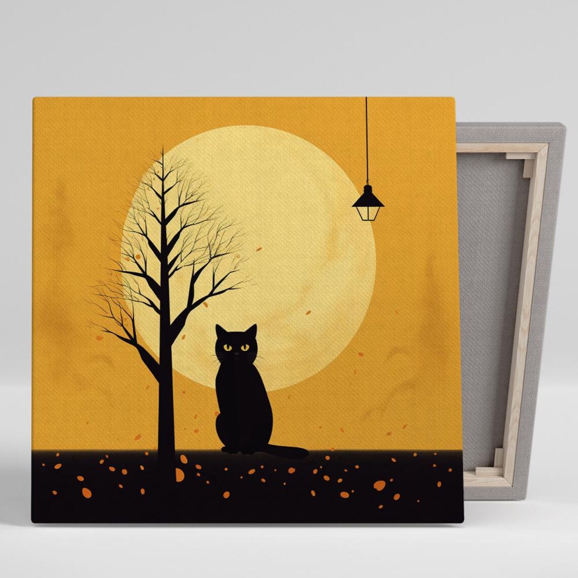 Black Cat Silhouette Under Autumn Moon Minimalist Night Sky Wall Poster