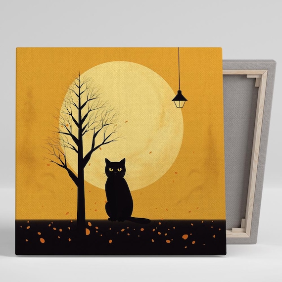 Black Cat Silhouette Under Autumn Moon Minimalist Night Sky Wall Poster