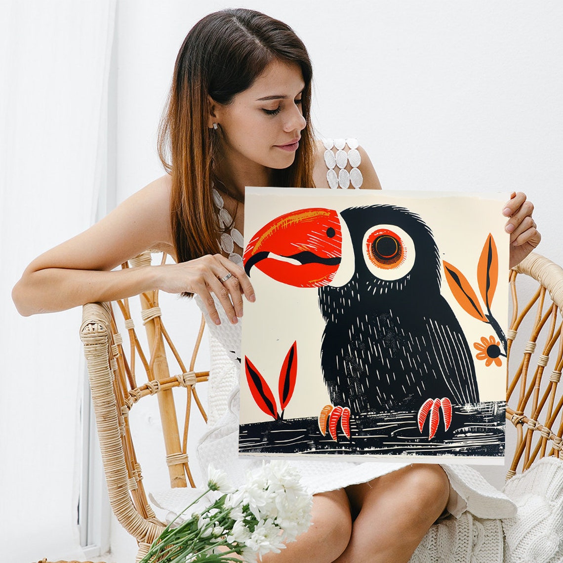 Retro Toucan With Red Beak Woodcut Style Black Orange Bird Poster - Image 3