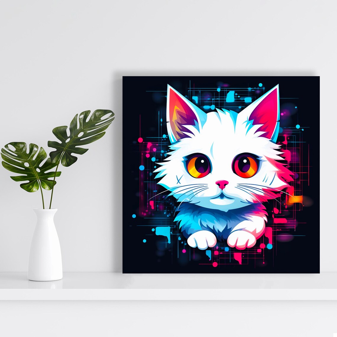 Cyber Kitty Neon Pop Cute White Kitten Big Eyes Digital Wall Poster - Image 2