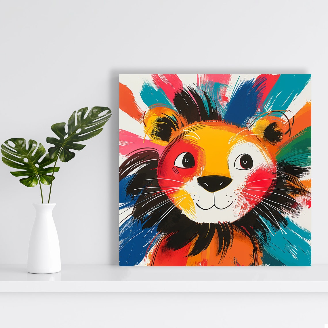 Lion Cub with Rainbow Brushstroke Mane Cheerful Kids Animal Wall Art - Image 2