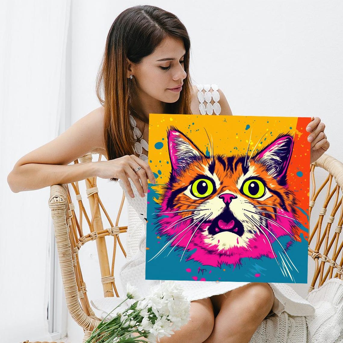 Psychedelic Pop Art Cat Face With Big Green Eyes Bold Colors Poster - Image 2