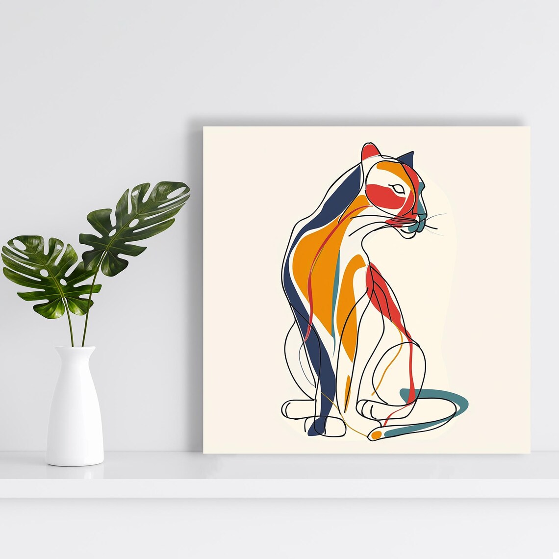 Abstract Cat Sitting Line Art Colorful Minimalist Modern Wall Art Poster Print - Image 2