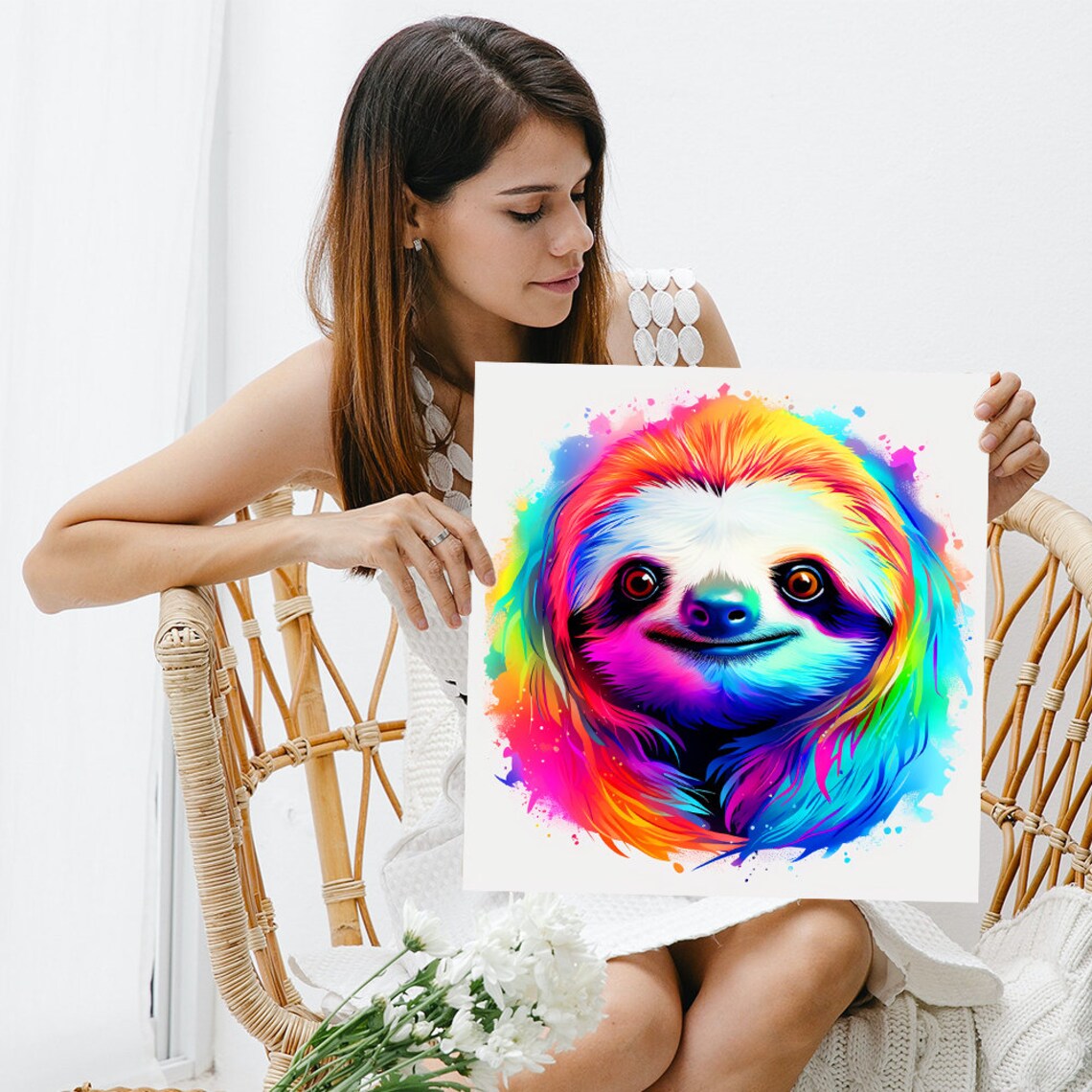 Rainbow Watercolor Sloth Smiling Joyful Kids Wall Art Poster - Image 3