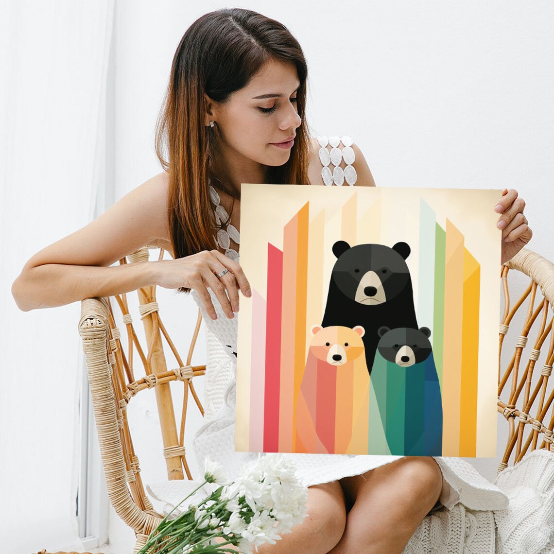 Three Geometric Colorful Bears Rainbow Stripes Mid Century Kids Art Poster - Image 3
