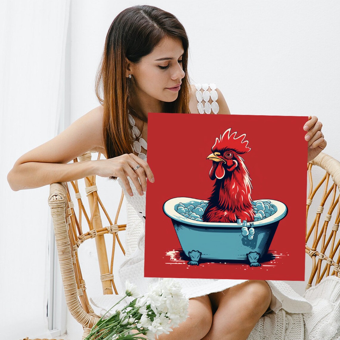 Bathing Rooster Delight, Whimsical Pop Art Print - Image 3