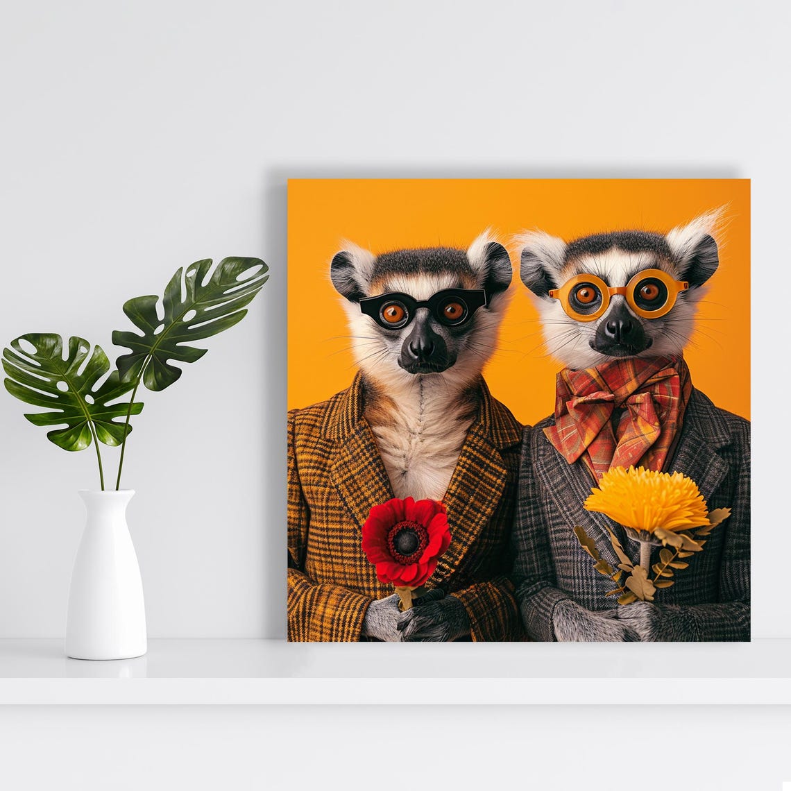Dapper Lemur Duo Tweed Suits Glasses Flowers Orange Retro Poster - Image 2