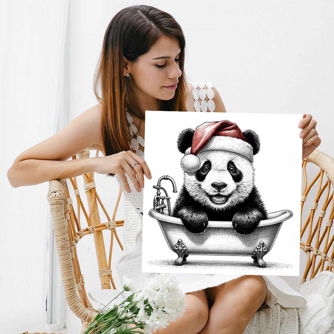 Baby Panda Santa Hat Vintage Bathtub Christmas Cute Animal Poster - Image 3