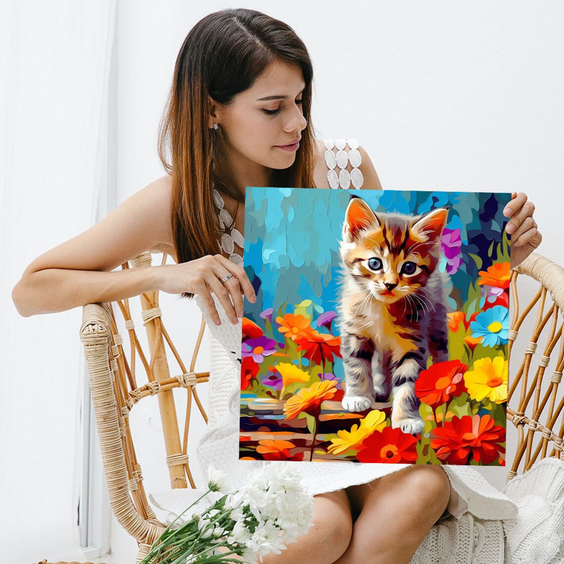 Floral Cat Wall Art Print, Living Room Animal Decor - Image 3