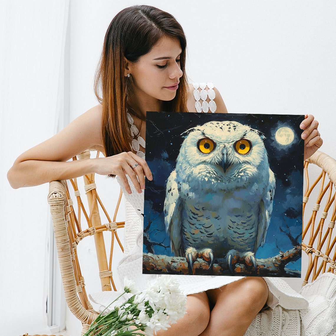 Snowy White Owl At Night Under Moonlight Painterly Bird Poster - Image 3