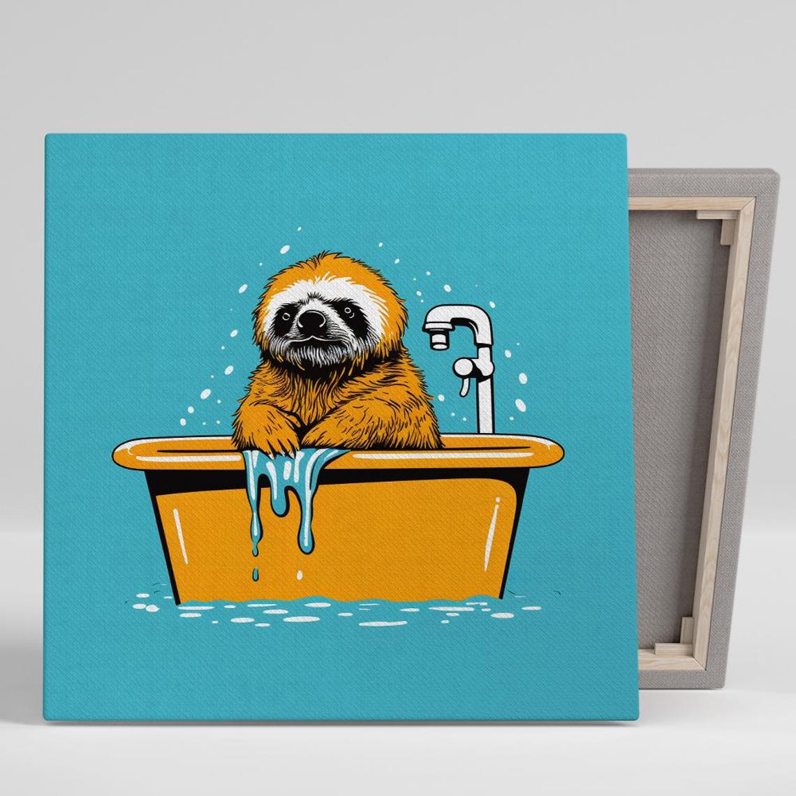 Whimsical Sloth Bath Time Pop Art Poster Funny Orange Turquoise Decor