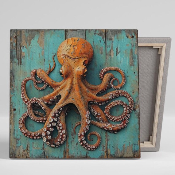Octopus Splash Art Or Poster Coastal Rustic Modern Decor Bathroom Living Room Dining Room Office Wall Art Orange Turquoise Brown