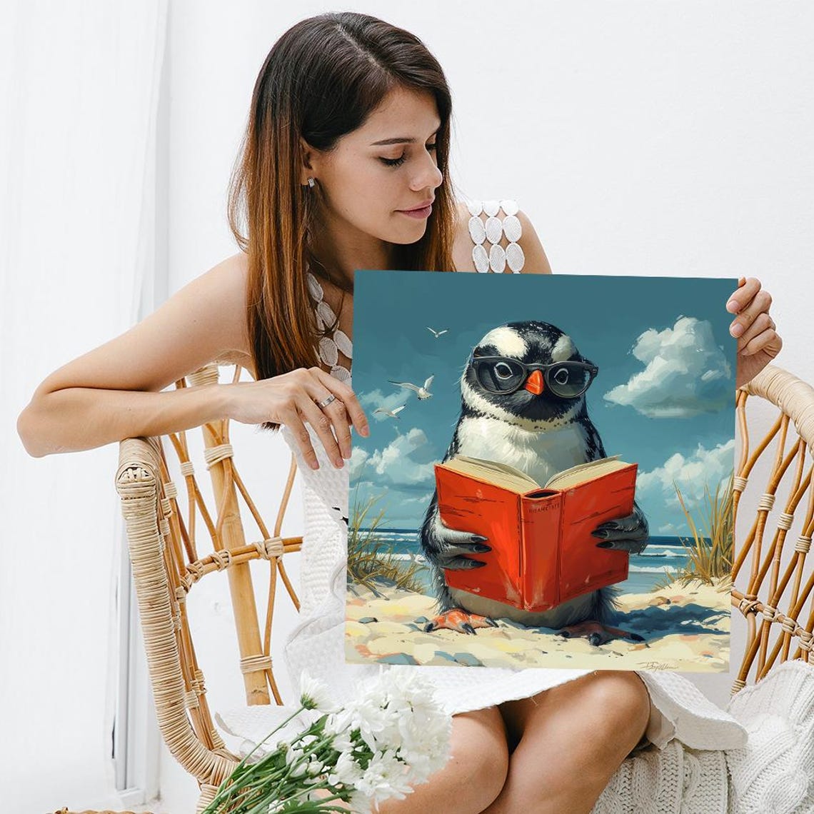 Penguin Reading Book On Beach Sunglasses Coastal Whimsical Art Poster - Image 3