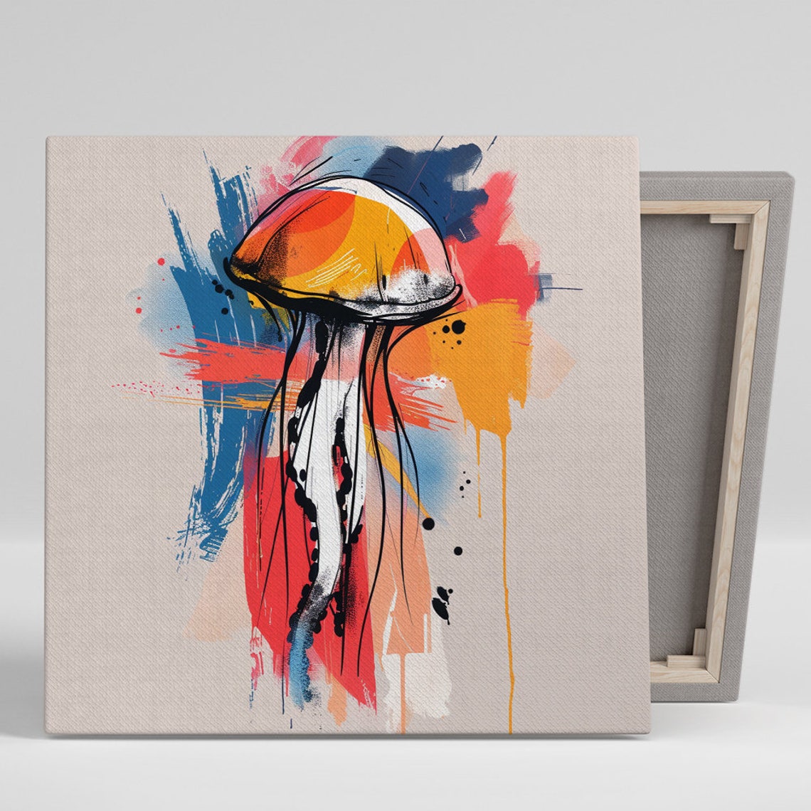 Abstract Jellyfish Ink Sketch Bold Red Blue Orange Brushstroke Poster