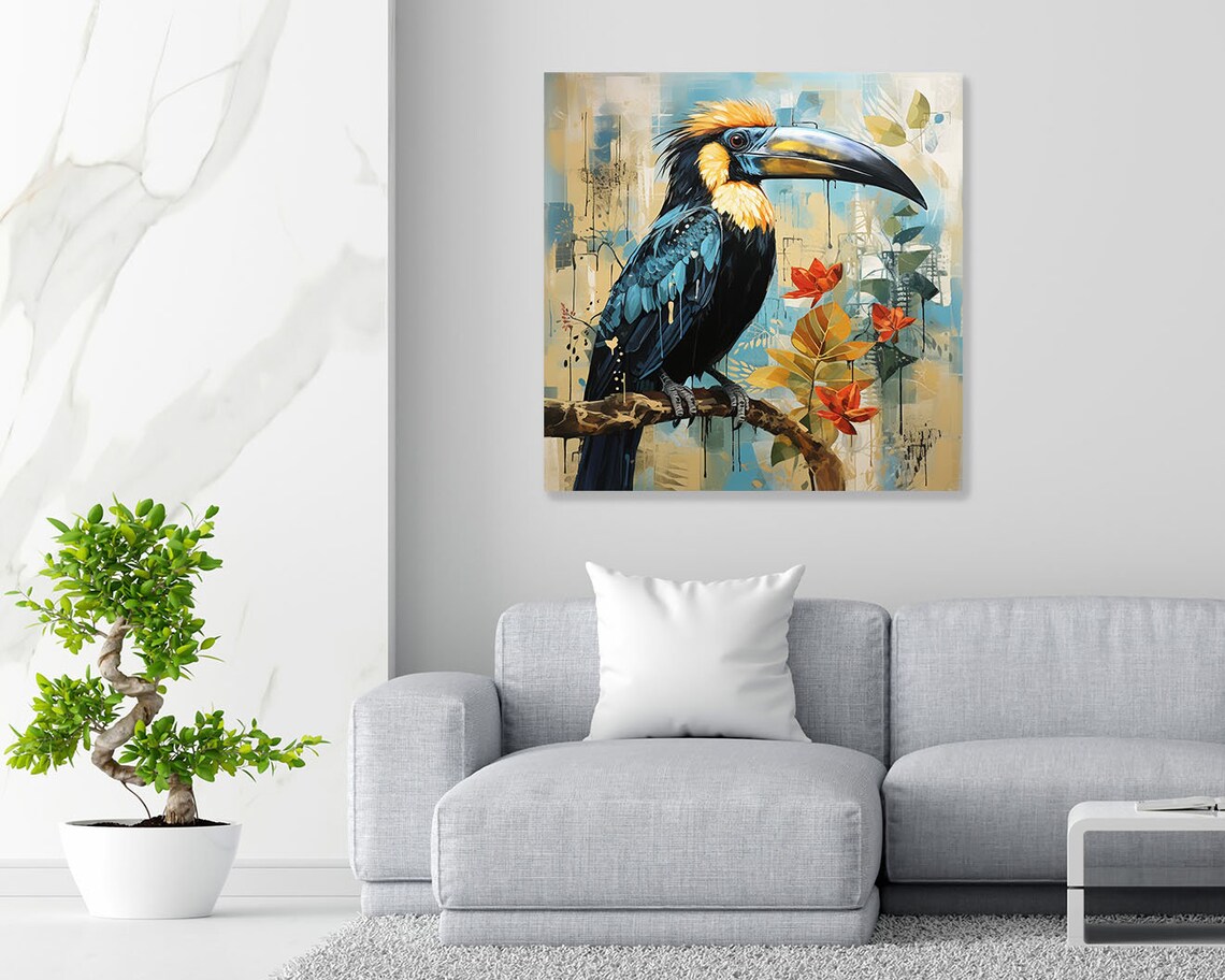 Colorful Hornbill Perched On Branch Red Flowers Tropical Bird Poster - Image 4