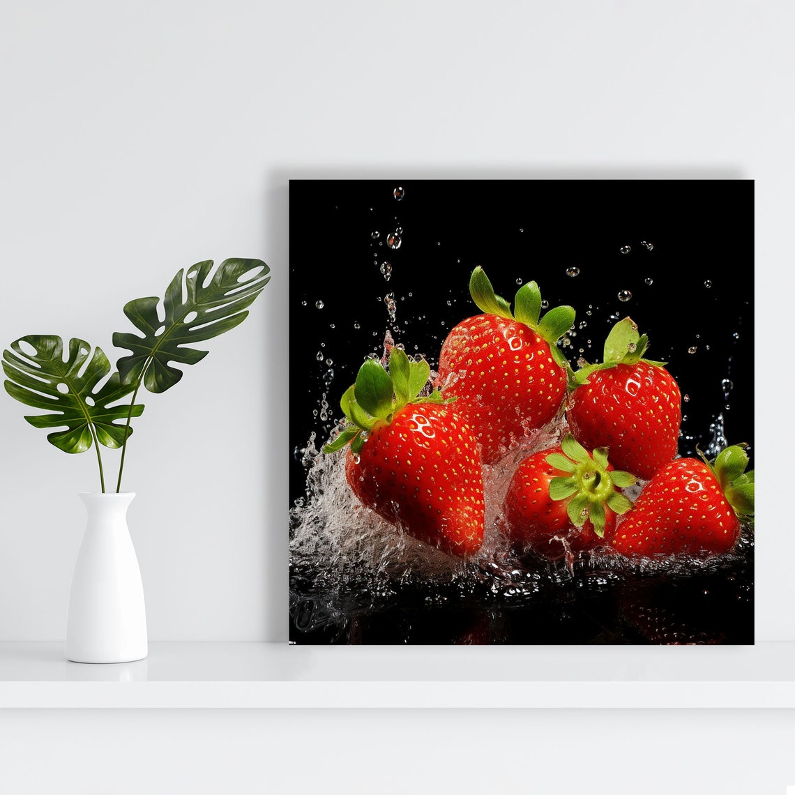 Juicy Strawberries Water Splash Dramatic Black Kitchen Art Poster - Image 2