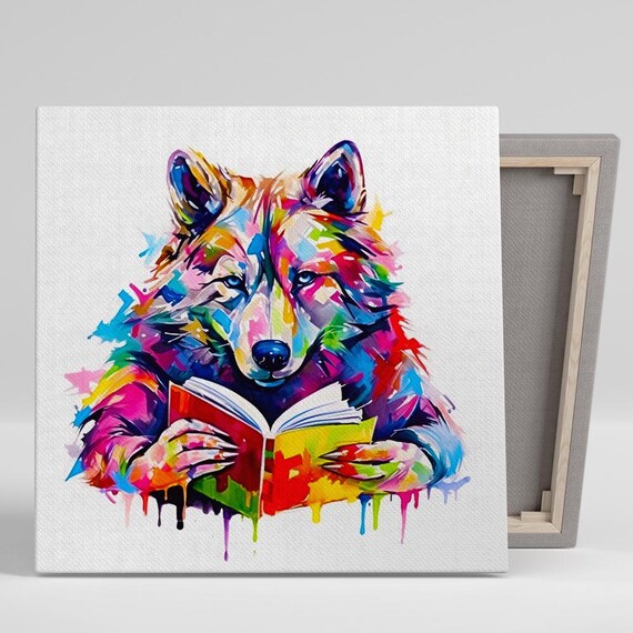 Rainbow Wolf Reading Book Colorful Watercolor Fun Book Lover Art Poster