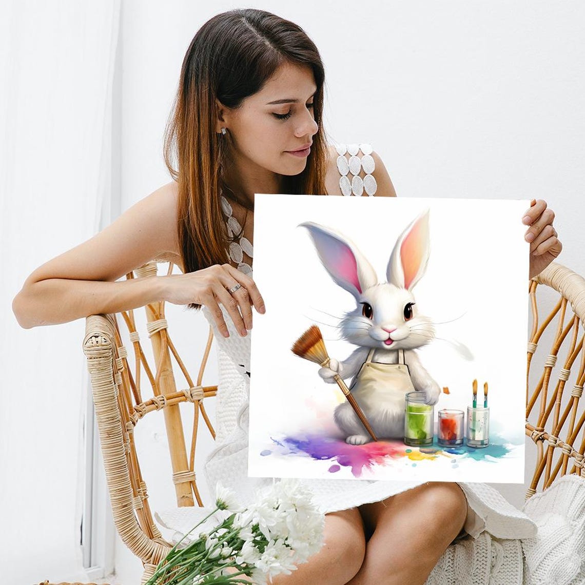 Bunny Artist With Paintbrush Watercolor Jars Cute Nursery Poster - Image 3