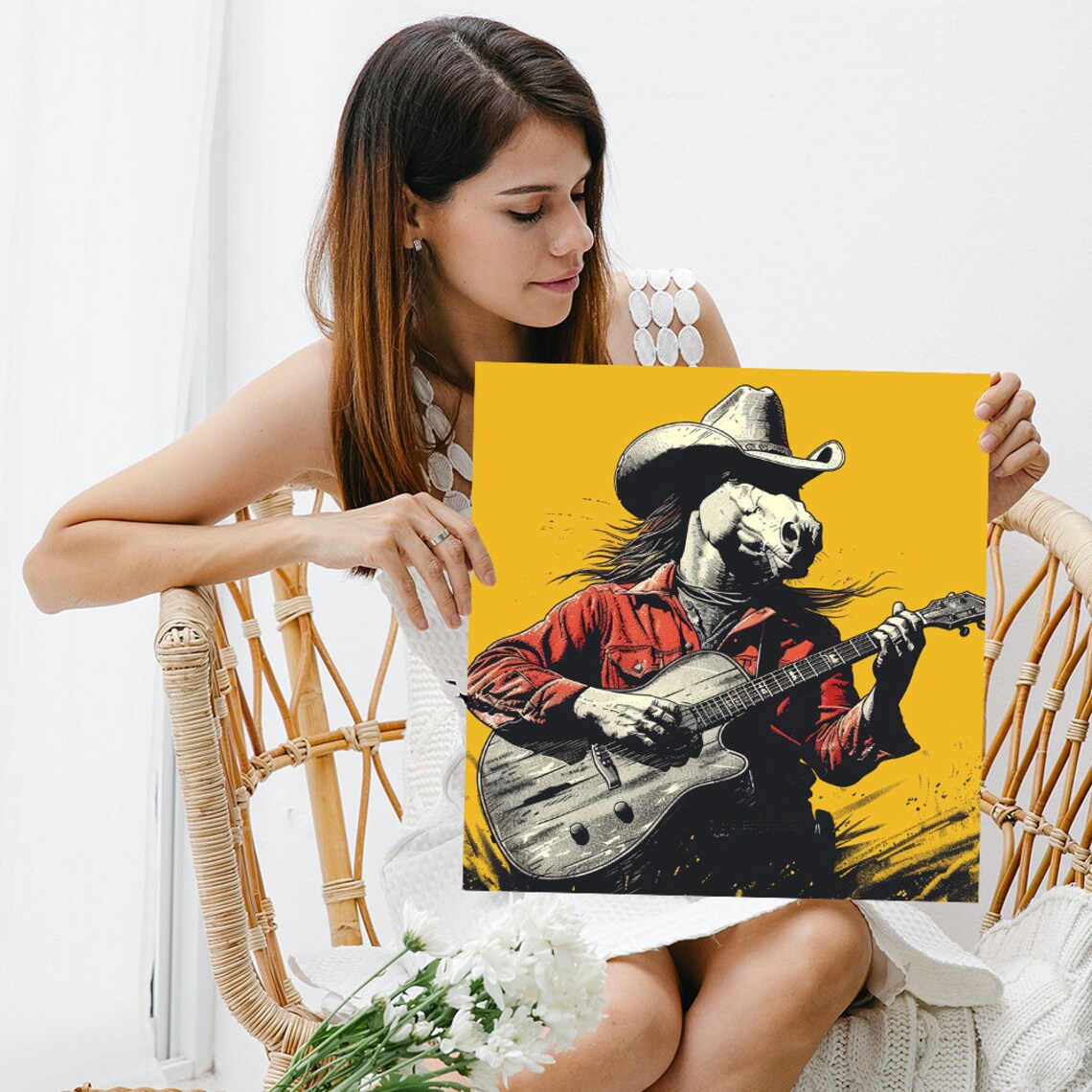 Horse Cowboy Playing Guitar Yellow Vintage Western Music Wall Poster - Image 3