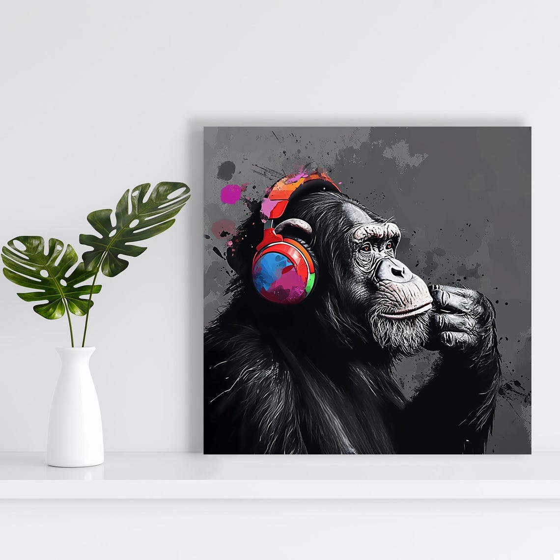 Chimpanzee Headphones Thinking Pose Pop Art Colorful Music Wall Poster - Image 2