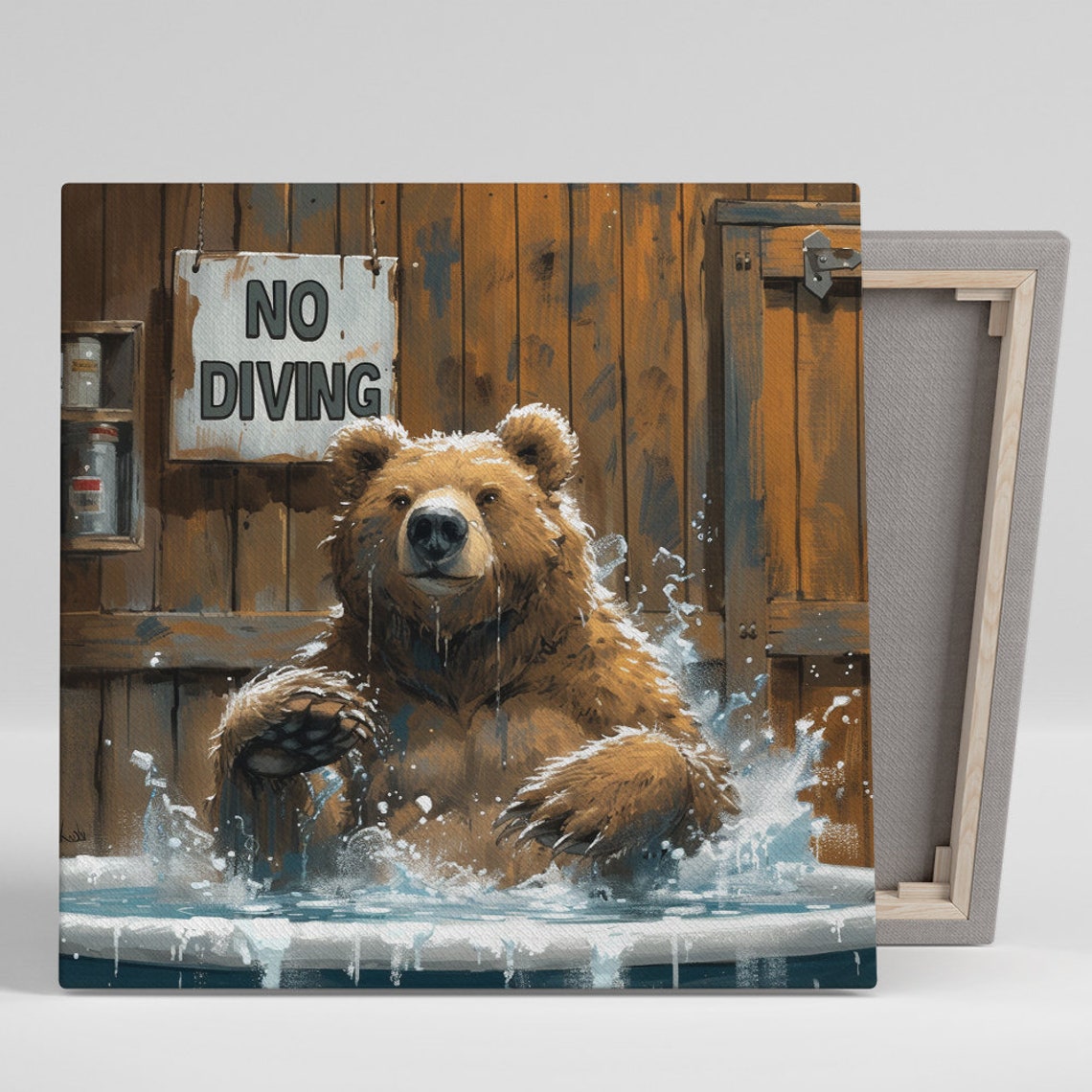 Bear Splashing Bath No Diving Sign Funny Rustic Animal Wall Poster