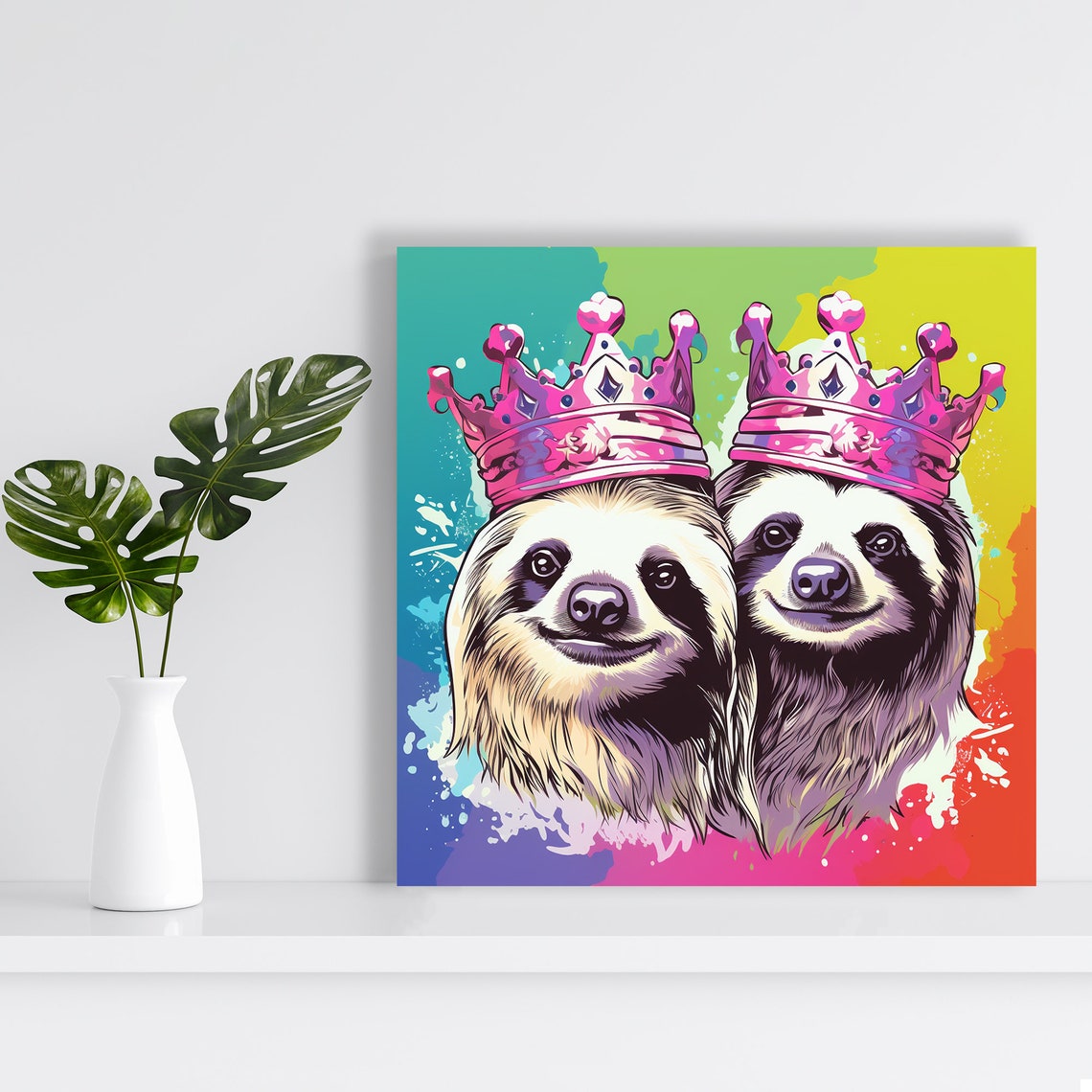 Smiling Sloth Duo Wearing Pink Crowns Pop Art Rainbow Wall Poster - Image 2