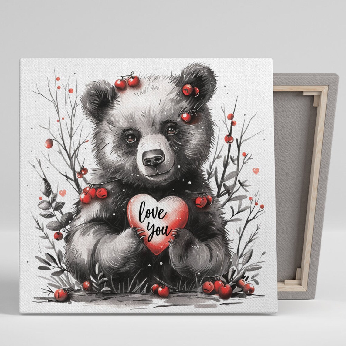 Baby Bear Holding Love You Heart Red Berries Sweet Nursery Poster