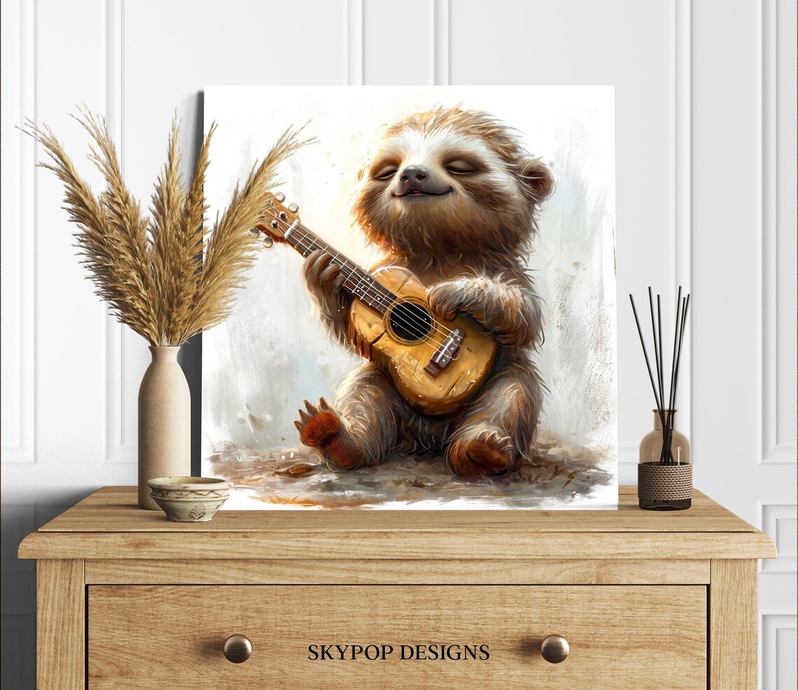 Sweet Baby Sloth Playing Guitar Watercolor Nursery Musical Art Poster - Image 2