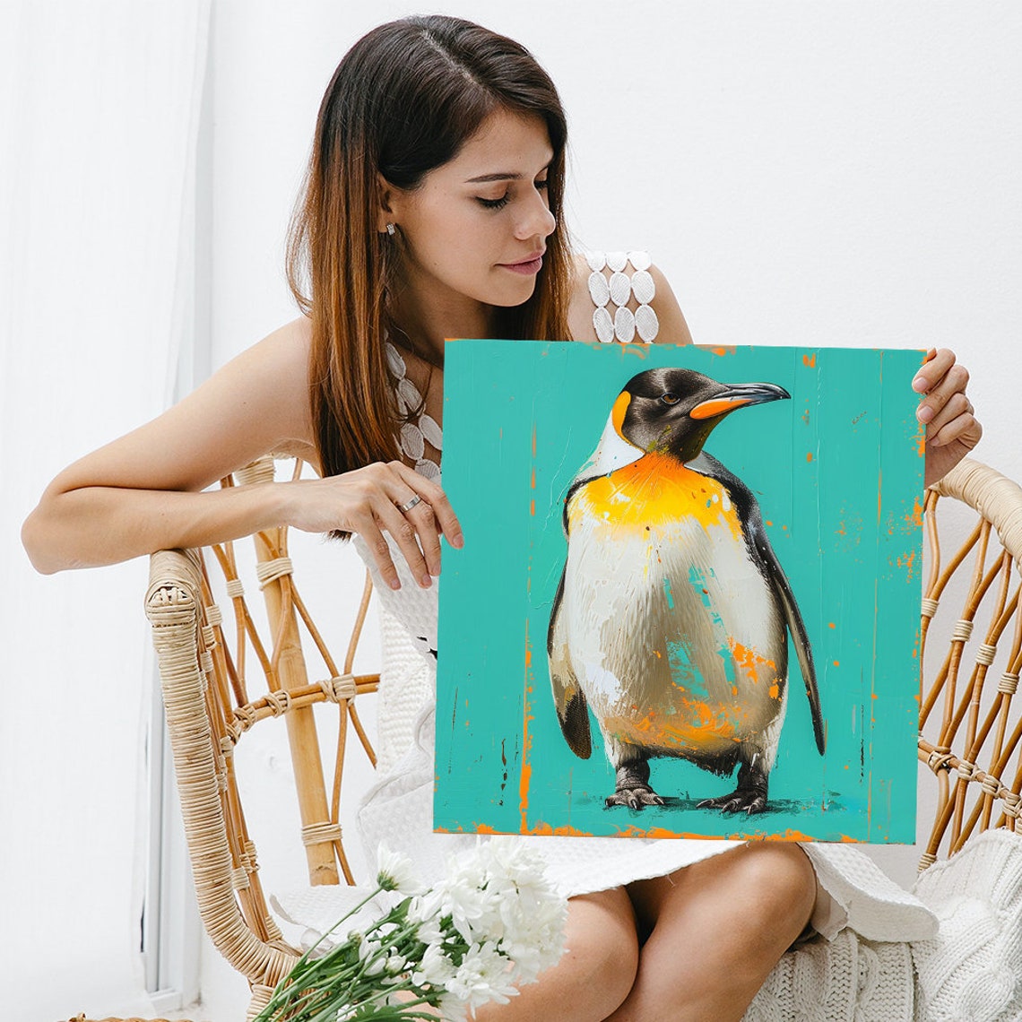 King Penguin Vibrant Pop Art Turquoise Splash Modern Bird Poster - Image 3